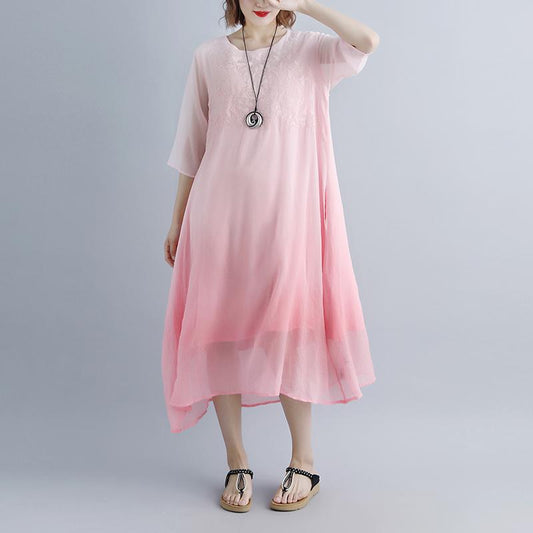 Fine Cotton Dresses Fake Two-piece Pockets Retro Pink Summer Dress