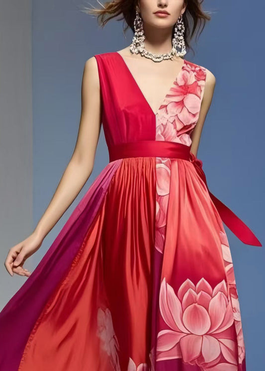 Red Print Exra Large Hem Silk Vacation Dresses Sleeveless
