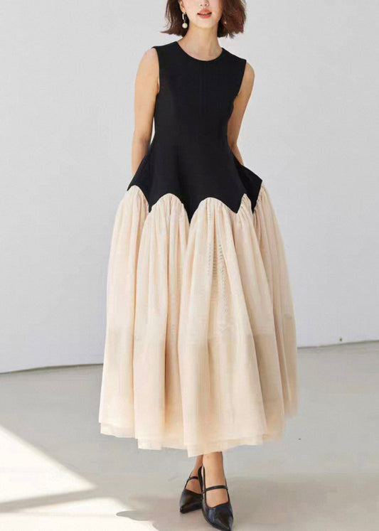 French Black O-neck Tulle Patchwork Long Dress Sleeveless