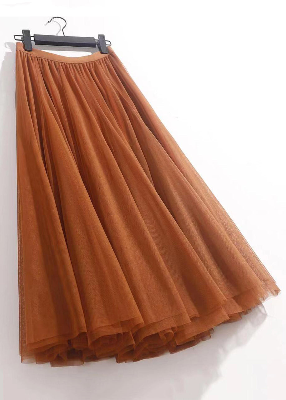Orange Wrinkled Tulle Summer Skirts High Waist