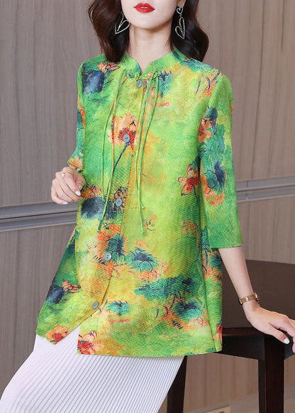 Green Stand Collar Print Tassel Shirt Bracelet Sleeve