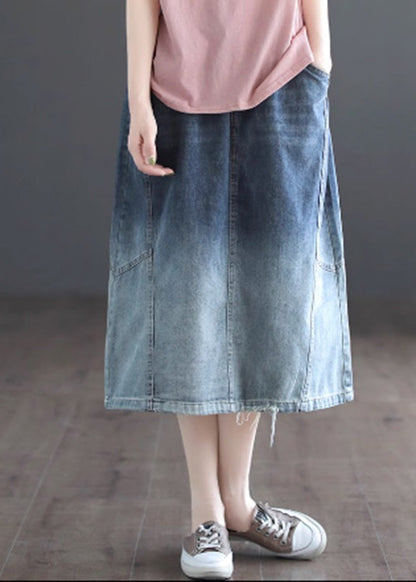 Gradient Color Blue Patchwork Elastic Waist Tie Waist a Line Skirts Summer