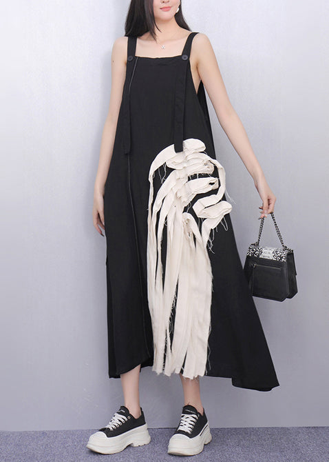 Black Tasseled Patchwork Cotton Sundress Summer