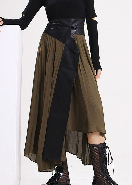 Army Green Asymmetrical Faux Leather Patchwork Chiffon Skirts Spring
