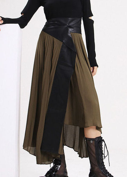 Army Green Asymmetrical Faux Leather Patchwork Chiffon Skirts Spring