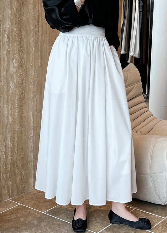 White Pockets Cotton Pleated Skirt High Waist