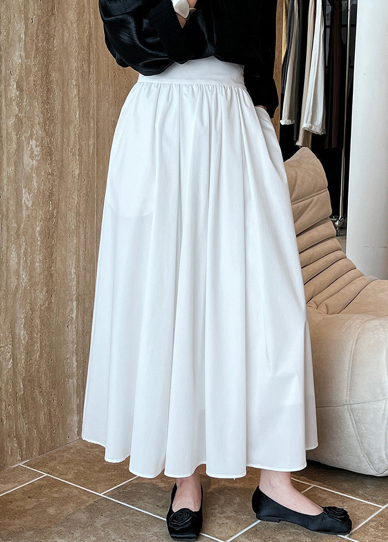 White Pockets Cotton Pleated Skirt High Waist