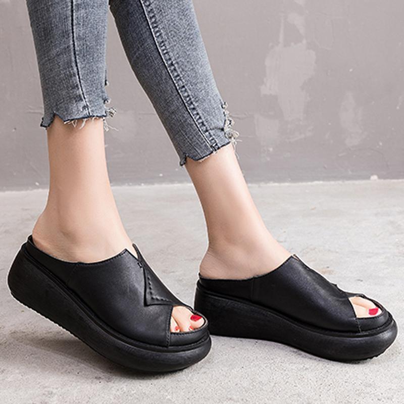 Sewing Platform Leather Slippers