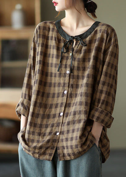 Diy Coffee Plaid Button Tie Fall Shirt Long Sleeve