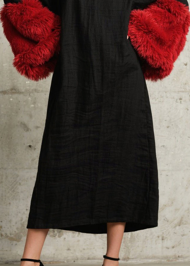 French Black O-neck Patchwork Faux Fur Straight Dresses Fall