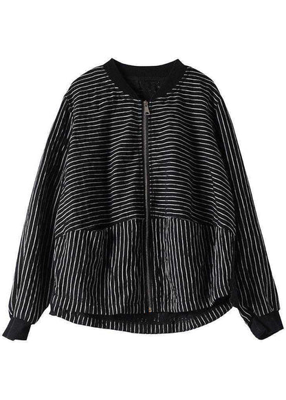 Street Black Striped Zippered Pockets Fall Jacket Long Sleeve