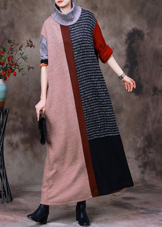 Turtleneck Striped Patchwork Knit Long Sweater Dress Long Sleeve