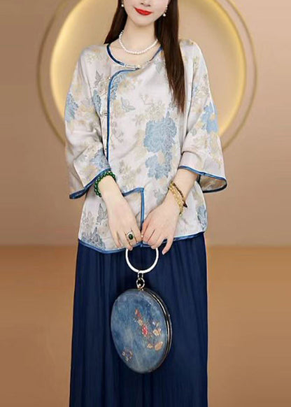 Purple O-neck Jacquard Button Silk Top Fall