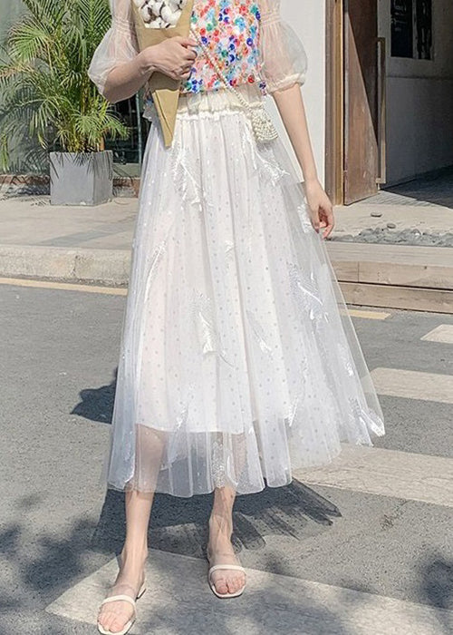 White Feathers Embroidered Elastic Waist Tulle Skirt Summer