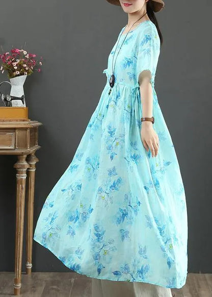 100% O Neck Cinched Linen Summer Dresses Design Blue Print Dresses