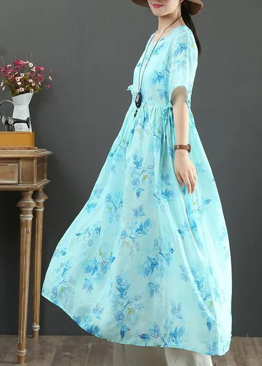 100% O Neck Cinched Linen Summer Dresses Design Blue Print Dresses