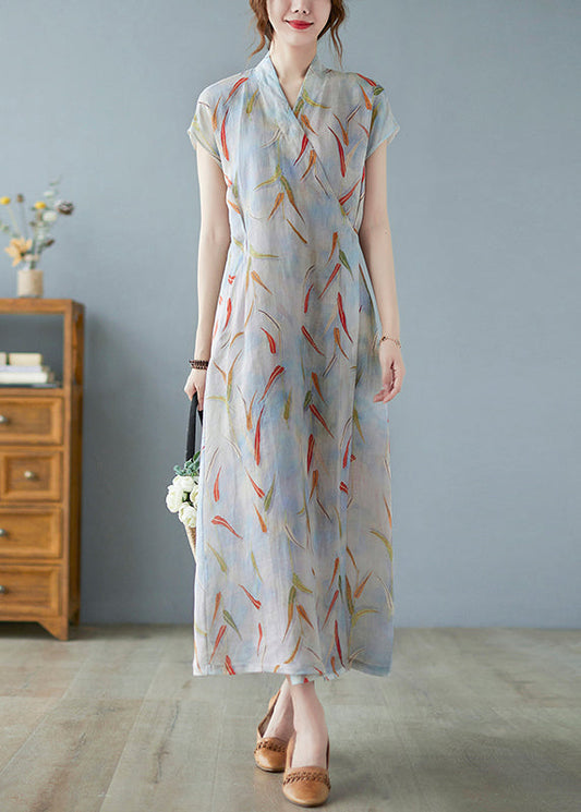 Print Tie Waist Linen Long Dress Summer