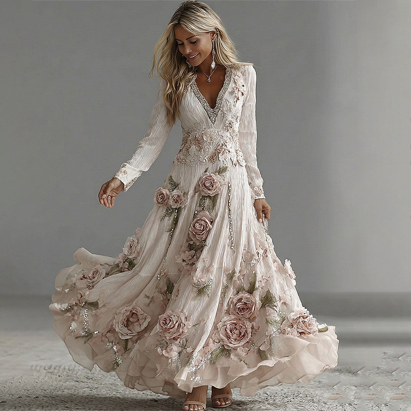 Women's Vintage Boho Pink Rose Floral Lace Sequins Art Flowy Maxi Dress elevenforest