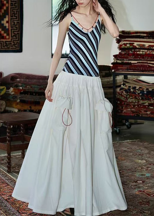 Blue Striped Patchwork Cotton Fake Two Piece Dresses Summer