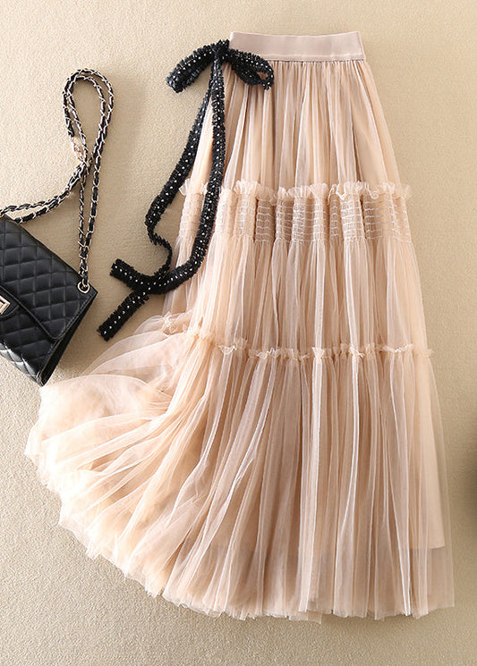 Loose Beige Bow Wrinkled Tulle Skirt Spring