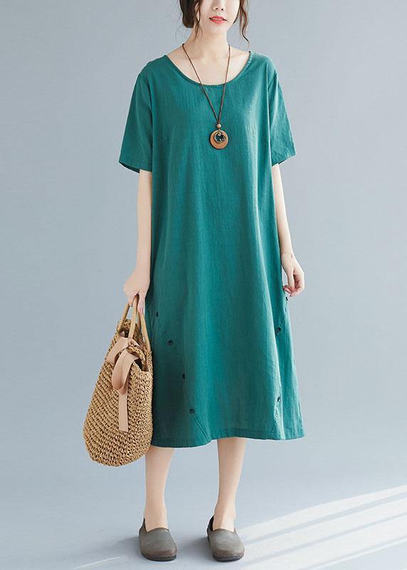Green Button Decorated Linen Dresses Wild Summer Dresses