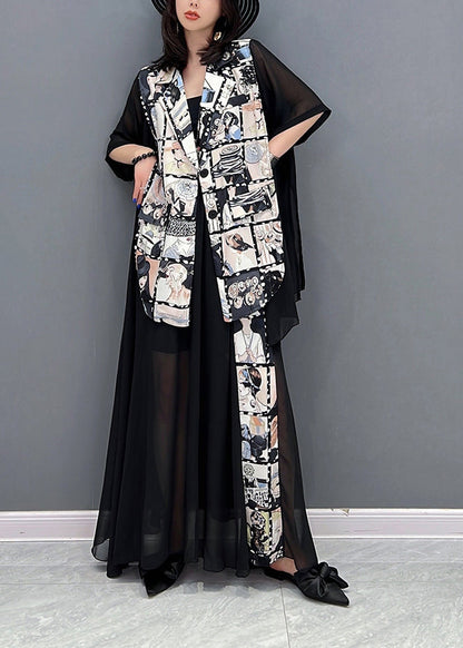 Black Notched Print Patchwork Chiffon Coats and Skirts Two Pieces Set Fall