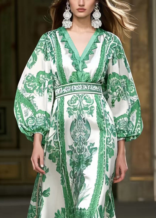 Green Puff Sleeve Patchwork Lace Robe Dresses Spring