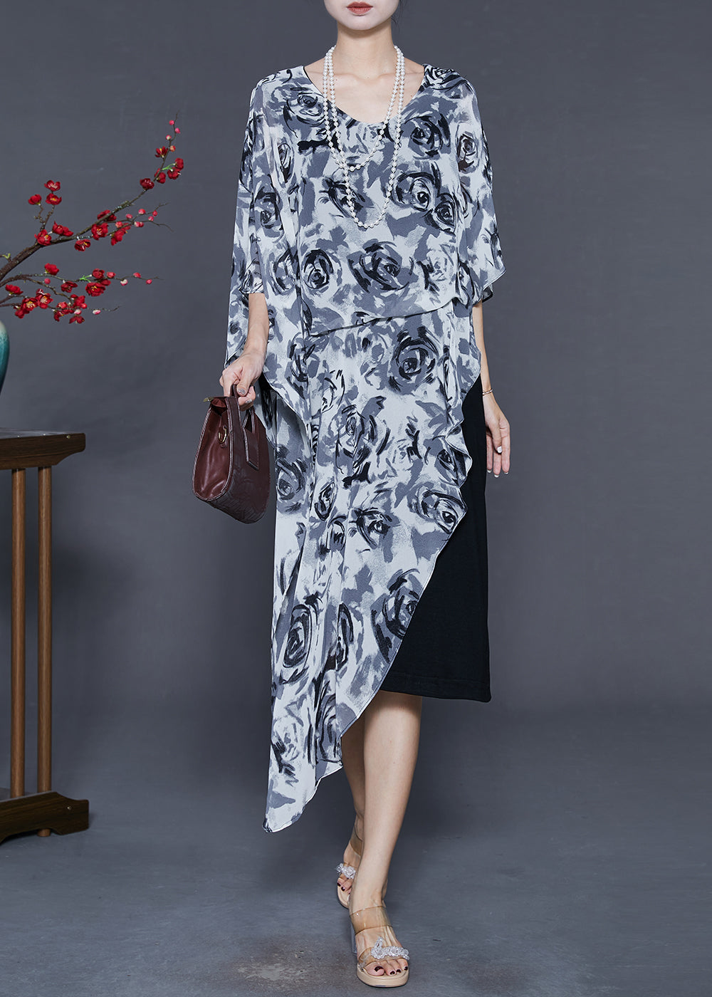 Stylish Grey Asymmetrical Chiffon Tea Dress Summer
