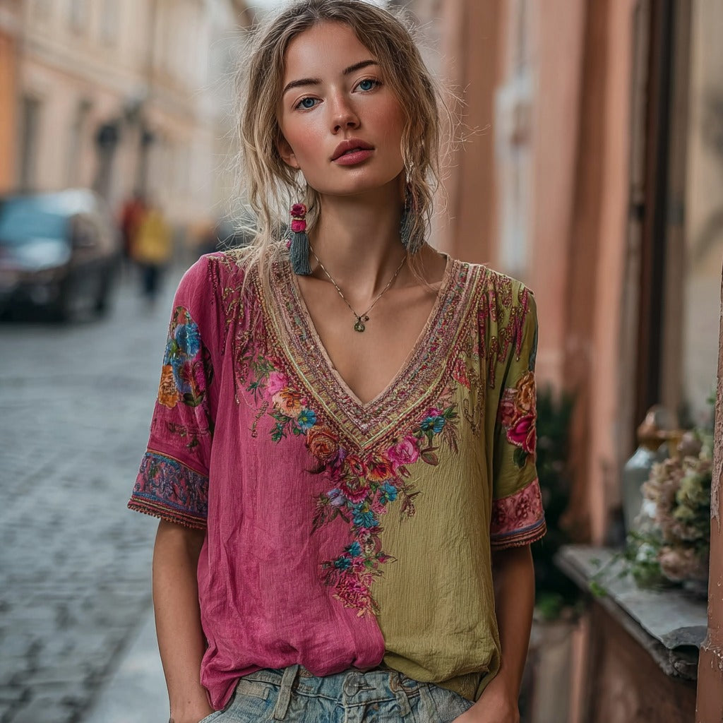 Women's Vintage Bohemian Floral Embroidery Art V-neck Linen Blend T-shirt elevenforest