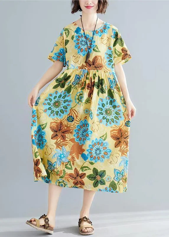 Diy Yellow Print Cotton Tunics O Neck Patchwork Summer Dress