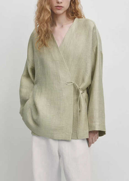 Green V Neck Lace Up Cotton Shirt Tops Fall
