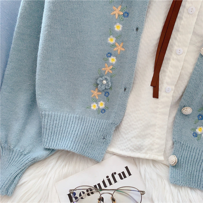 Gentle Fengsen Department Hand Embroidered Flower Sweater Coat 5053