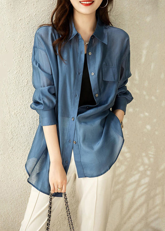 Blue Peter Pan Collar Button Patchwork Cotton Shirt Fall