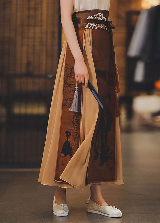 Khaki High Waist Print Silk Skirts Spring