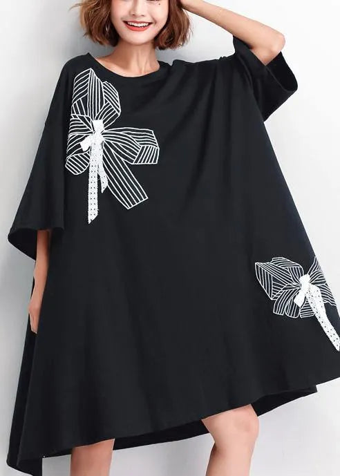 Black Embroidery Cotton Big Hem Shift Summer Dresses