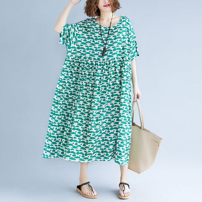 Boutique Green Cotton Linen Dresses Clothing Short Sleeve Baggy Dresses Boutique O Neck Linen Cotton Dress
