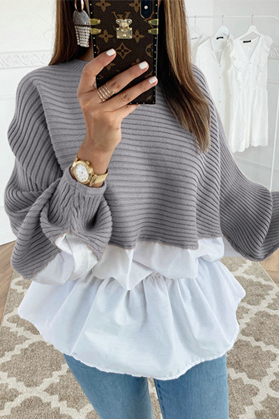 Patchwork Fold Contrast O Neck Tops