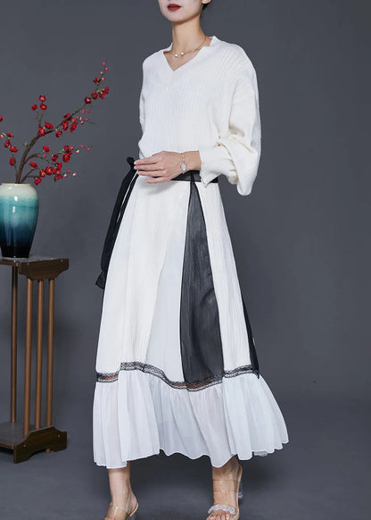 Style White V Neck Patchwork Knit Sweater and Skirt Two Pieces Set Spring