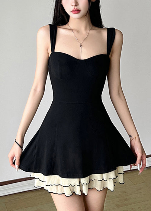 New Black Tulle Patchwork Cotton Spaghetti Strap Dresses Sleeveless