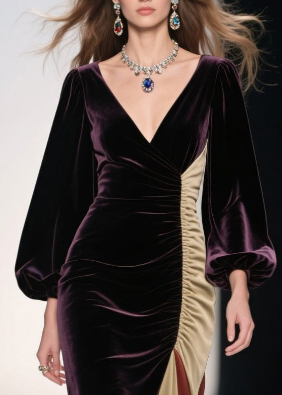 Dull Purple Asymmetrical Patchwork Silk Velvet Evening Dress Spring