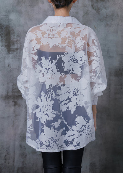 Stylish White Oversized Print Chiffon Upf 50+ Top Summer