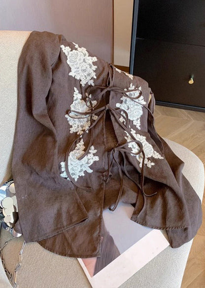 Coffee Lace Embroidered Lace Up Cotton Blouses Fall