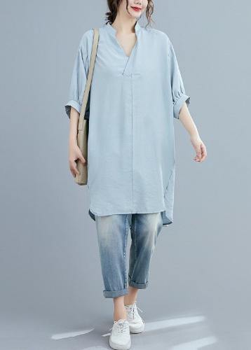 Organic V Neck Lantern Sleeve Summer Blouses for Sleeve Light Blue Shirt