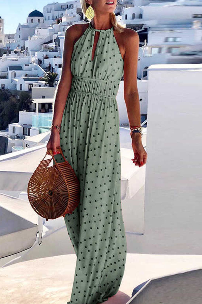 Print Patchwork Halter Pleated Dresses(4 Colors)