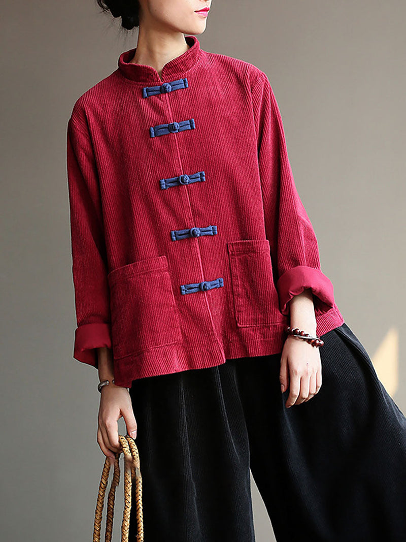 Winter Chinese Style Frog Corduroy Pocket Coat