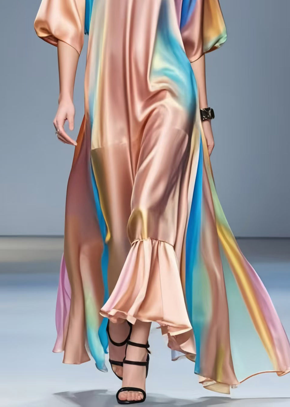 V Neck Tie Dye Silk Vacation Dresses Half Sleeve