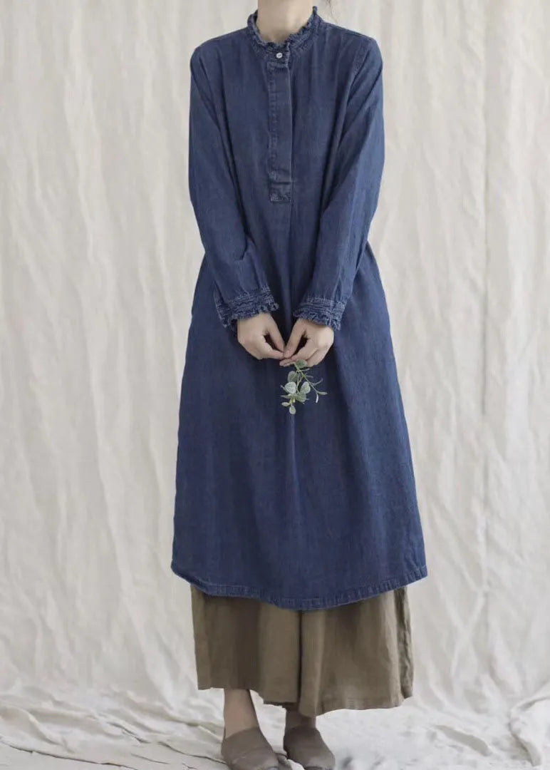 Style Blue Ruffled Pockets Denim Ankle Dress