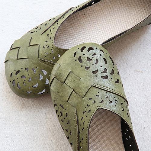 Hollow Out Plait Linen Insole Leather Flats Shoes