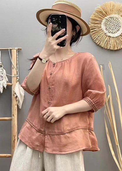 Beige O-neck Patchwork Cotton Shirt Top Summer