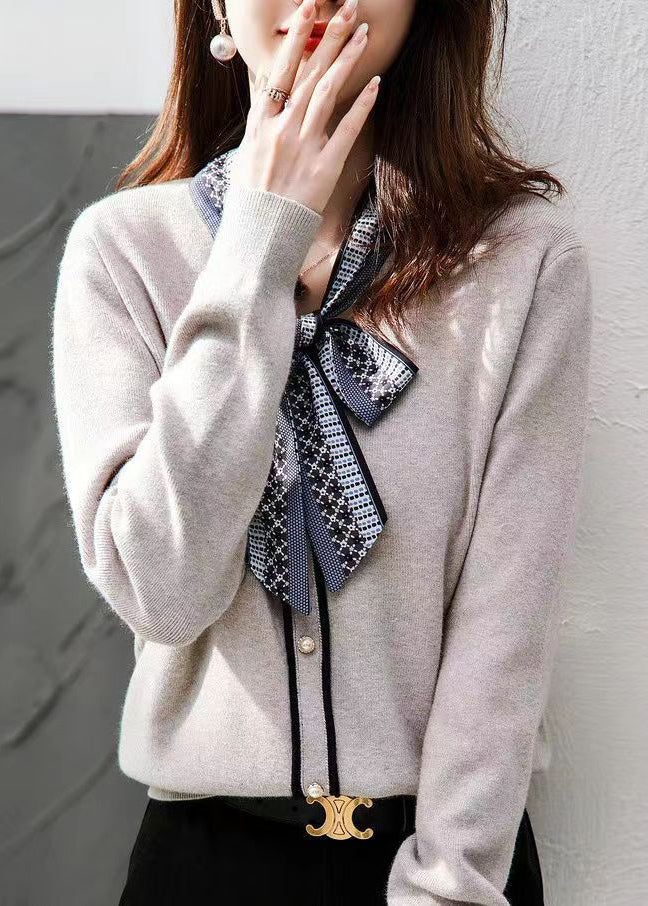 Grey Lace Up Button Patchwork Knit Sweaters Long Sleeve